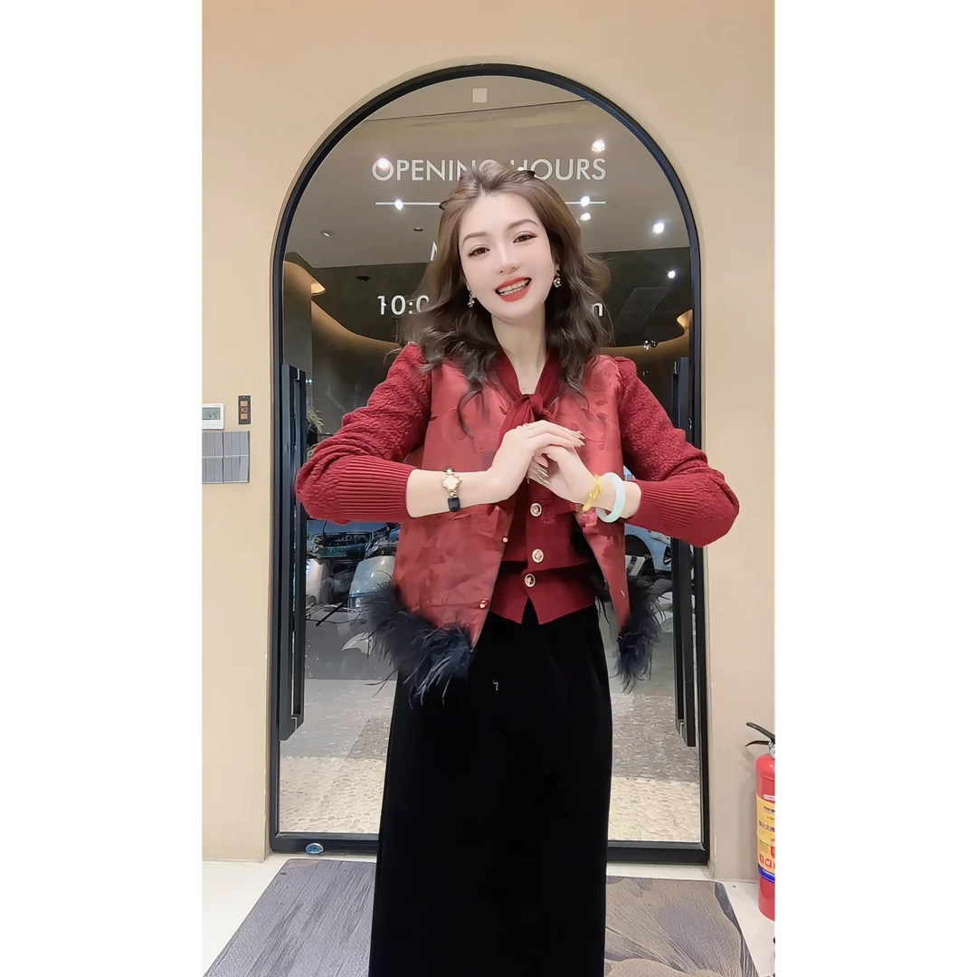 涵儿家 早春轻奢高级感撞色毛边设计复古提花马甲