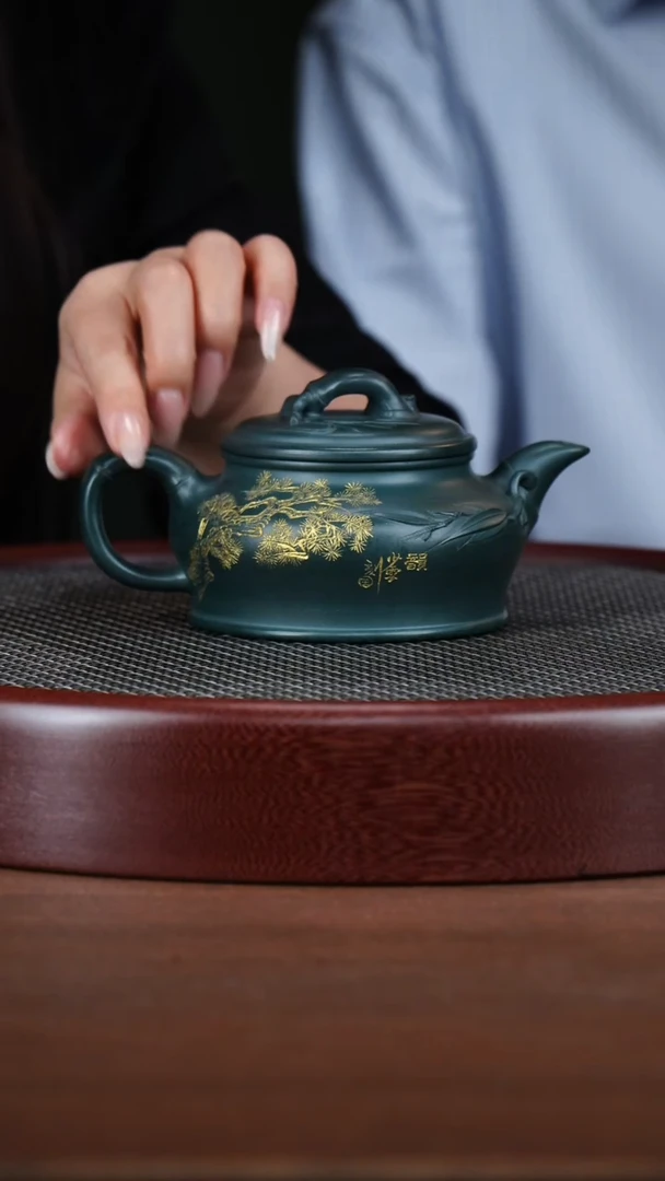 茶壶紫砂10WSY竹节虚扁 民国绿300cc
