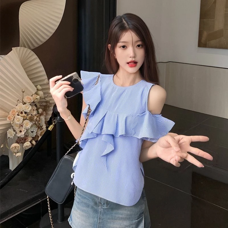 K8JI3608#夏季新款女性法式荷叶边露肩短袖衬衫设计感小众高级感