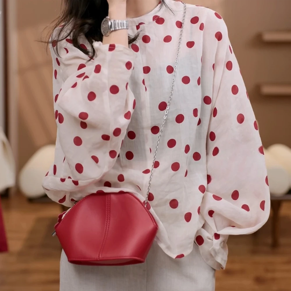 “樱桃"夏季2025新款宽松圆点衬衫女款波点蝙蝠袖上衣娃娃衫