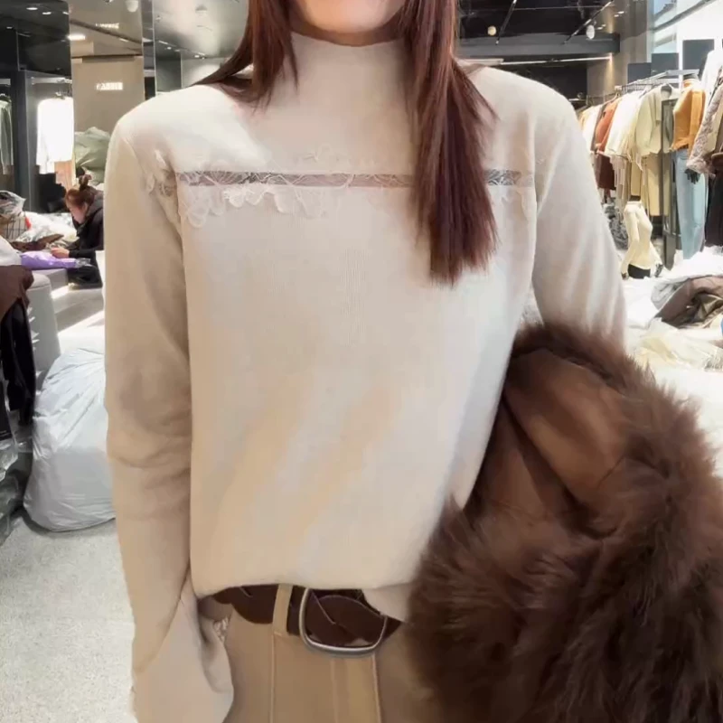 2025秋冬新款内搭蕾丝拼接长袖镂空韩版针织衫LK2508079