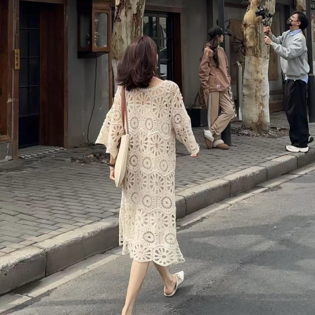 高品质宽松钩花镂空针织连衣裙+内衬裙小众设计时尚气质显瘦高级