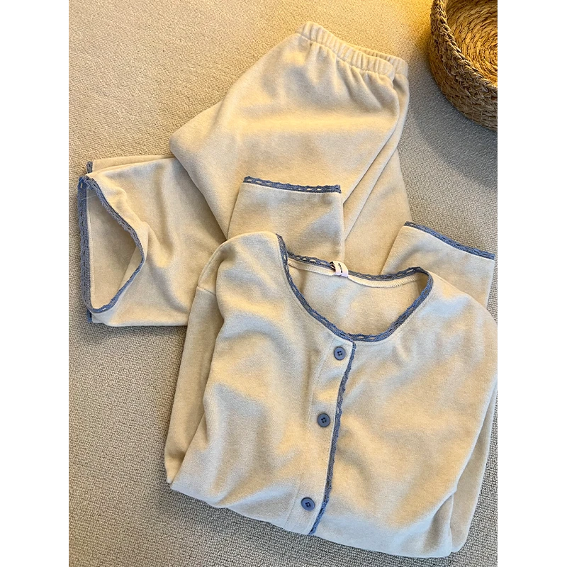 韩版简约蕾丝撞色德绒睡衣女秋冬季新款软糯亲肤保暖家居服两件套