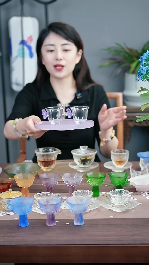 茶盏古法琉璃海棠花紫色茶盘送对杯
