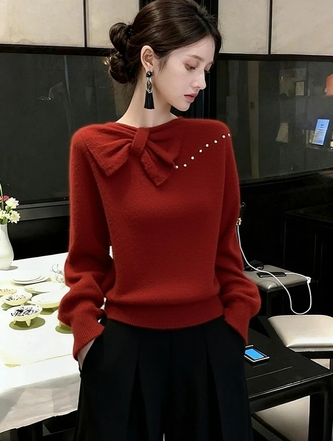 圣诞过年红色蝴蝶结毛衣女冬季高端独特漂亮绝美巨好看针织衫上衣