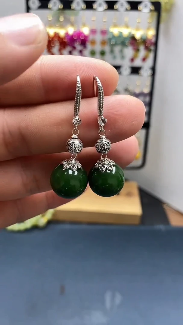 和田玉银S925镶嵌耳饰尺寸14mmA3