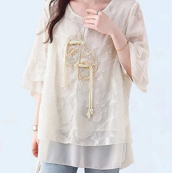 时尚刺绣雪纺衫女夏季宽松大码女装新中式时髦减龄中袖t恤