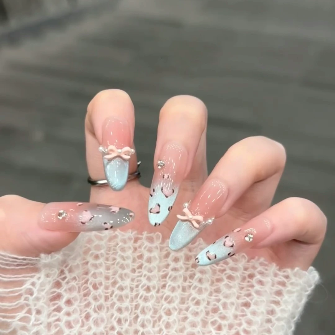 海盐冰透美甲蓝色猫眼穿戴甲渐变蝴蝶结豹纹显白气质美甲贴片学生