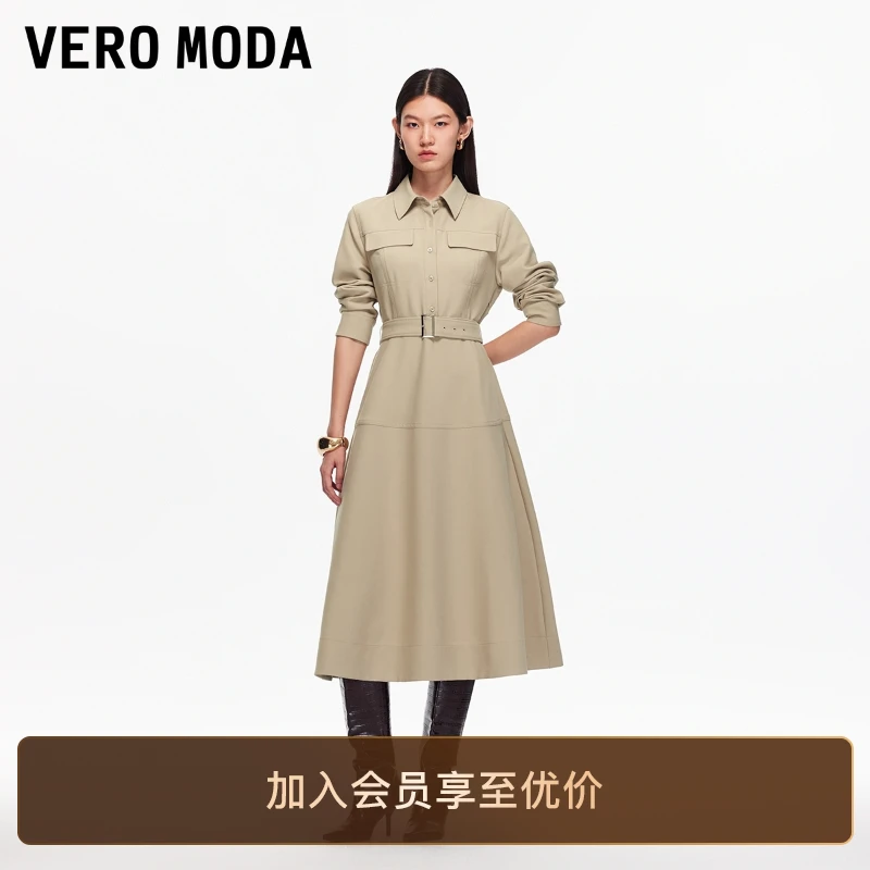 Vero Moda连衣裙2025秋季新款翻领纽扣假口袋A字衬衫裙高级感