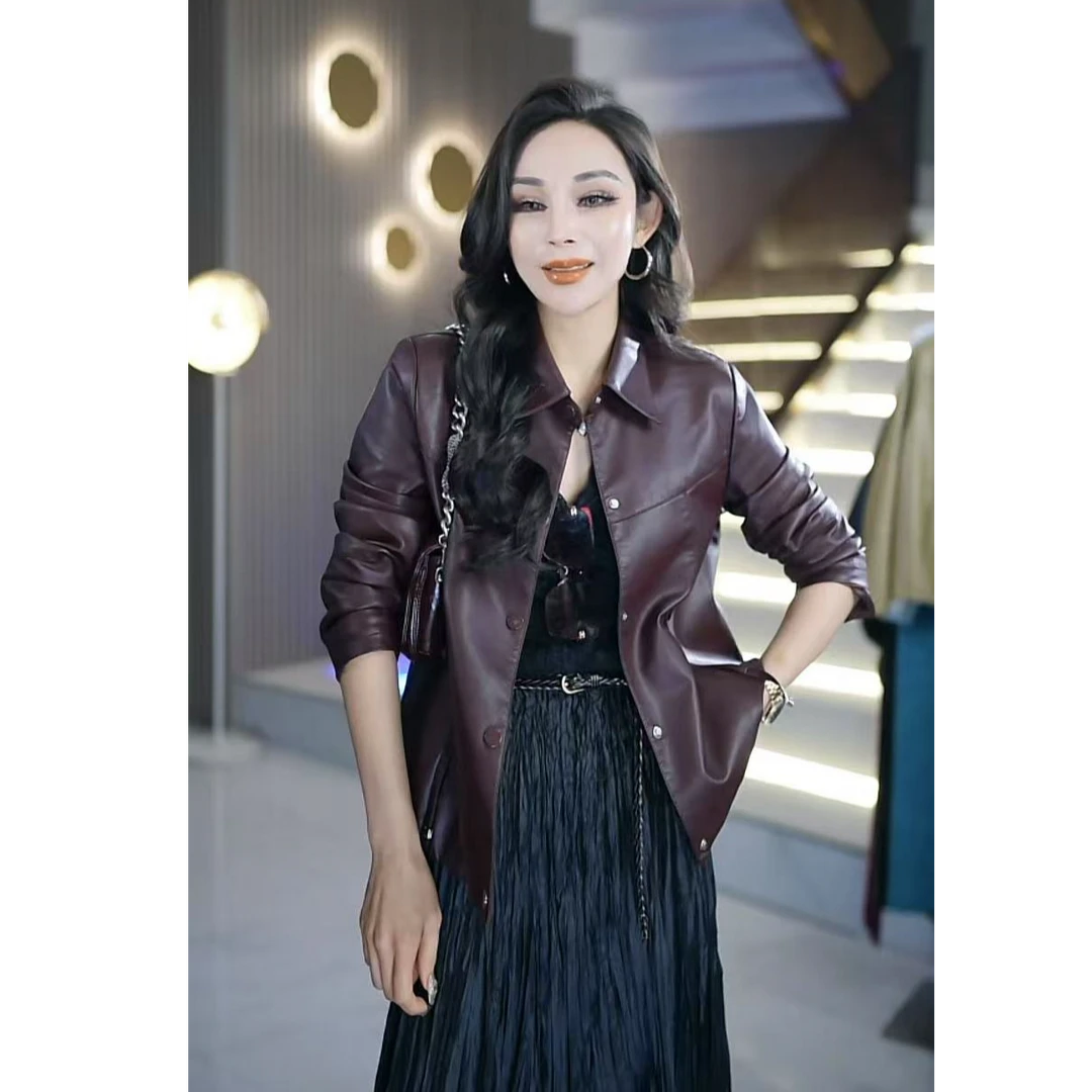 时尚简约休闲洋气百搭显瘦短款衬衫领夹克式长袖女士皮衣XS69558