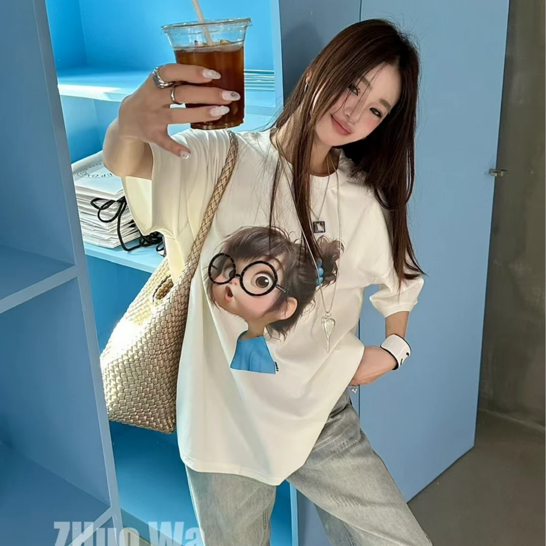 【宜泽服饰】欧货韩版简约百搭卡通女孩钉珠圆领短袖T桖