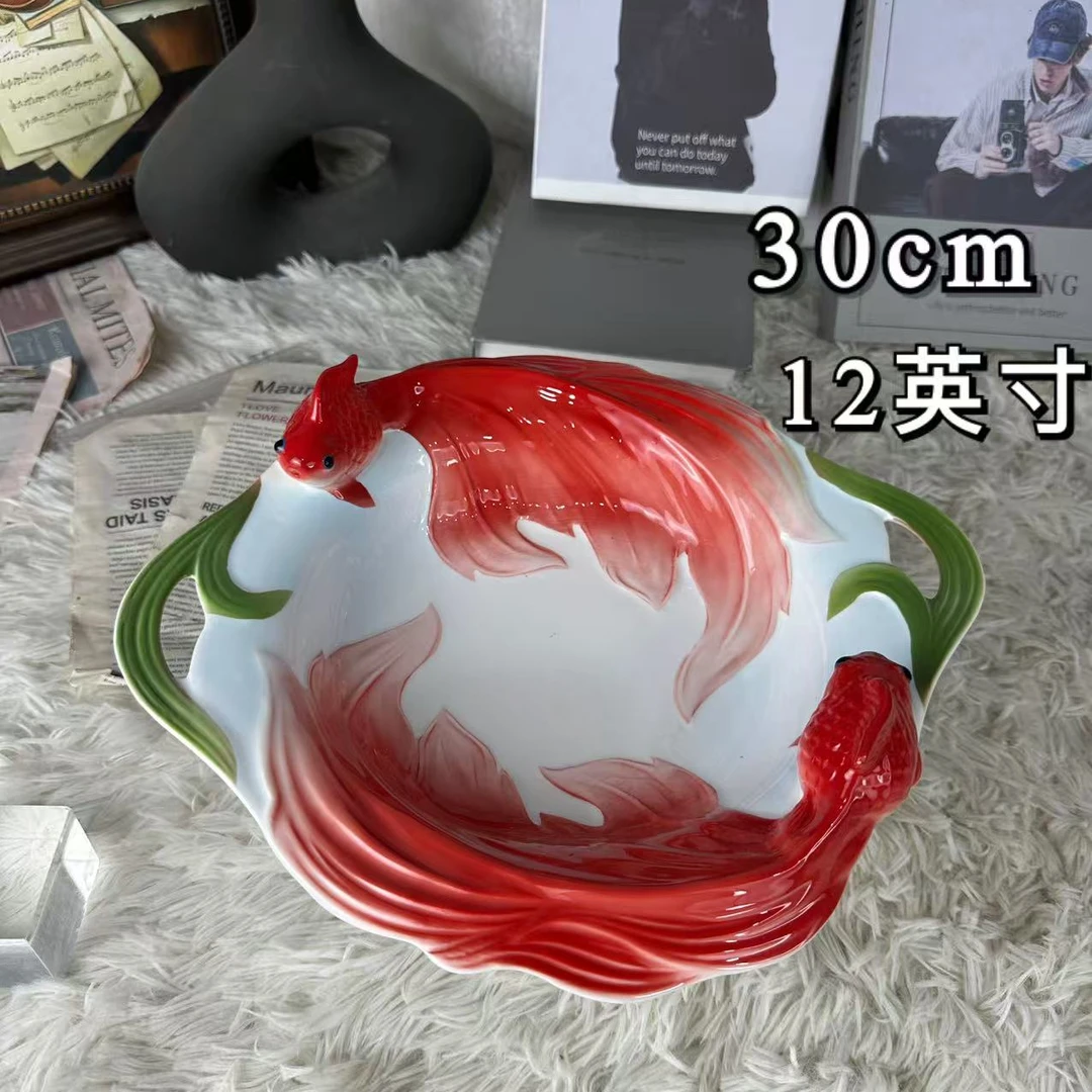 【沐梓】陶瓷鱼系列珐琅瓷金鱼12英寸汤碗