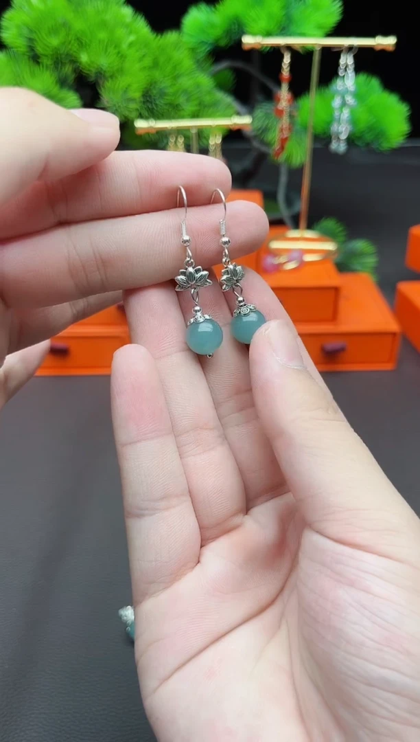 石英质玉（天山翠）银S925镶嵌耳饰237