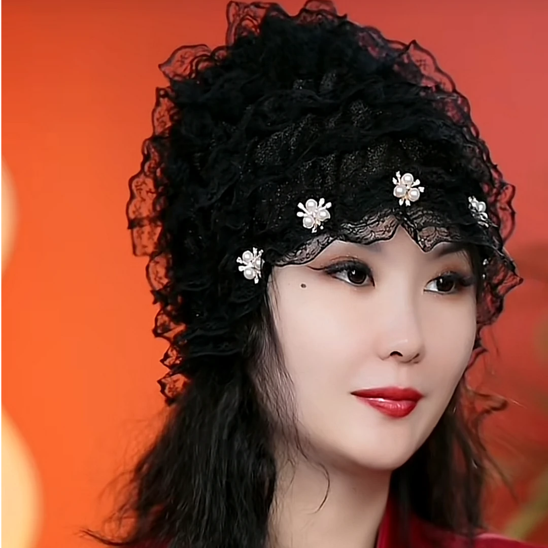 【遮白发四季珍珠款】四季新款珍珠梅花蕾丝包头帽遮白发帽