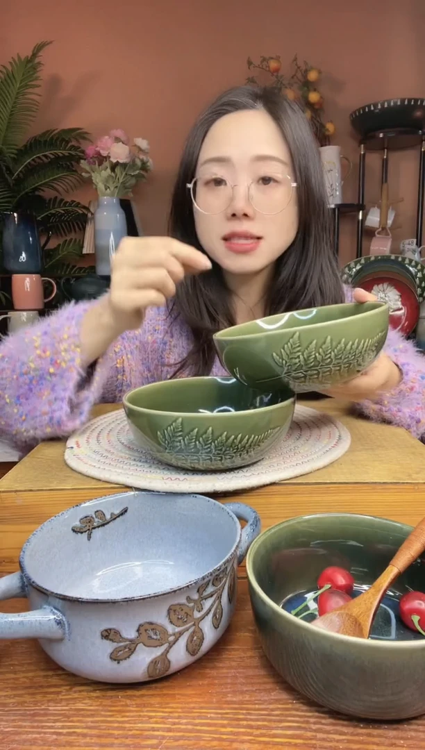 陶瓷6.3英寸绿色浮雕树叶面碗 2件 微瑕疵