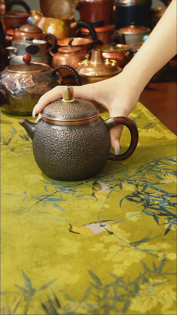 纯紫铜做旧色檀木泡茶壶