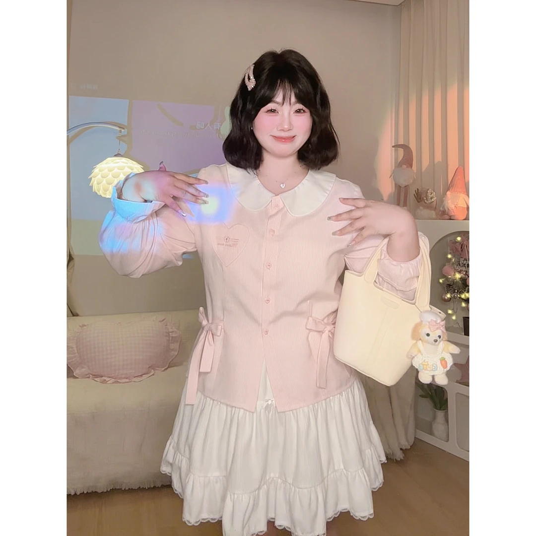 叶子定制【甜茶少女】大码甜妹新款法式竖条纹衬衣+白色短裙套装