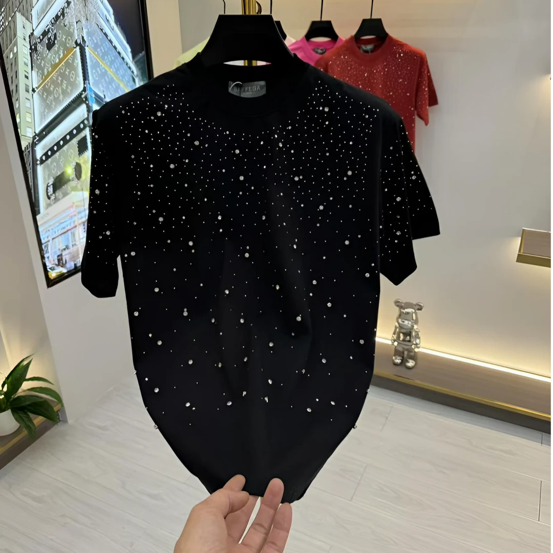 圆领短袖日常秋冬烫钻常规款T恤男装夏季黑白休闲春夏半袖