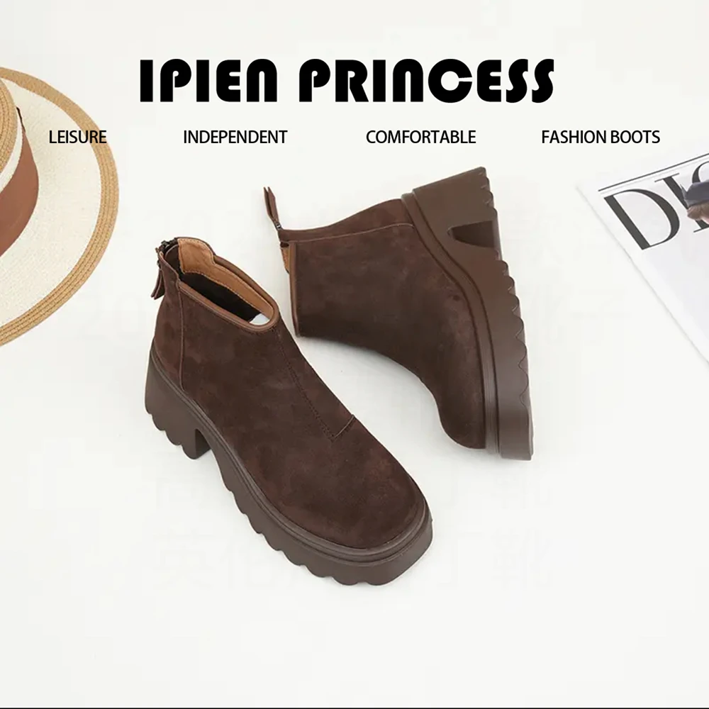 2025冬季新款超火时尚粗跟加绒短靴网红爆款厚底增高显瘦马丁靴女