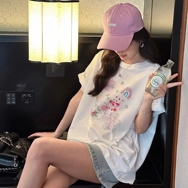 纯棉熊猫彩色印花T恤短袖女夏季圆领宽松设计感白色百搭上衣时尚