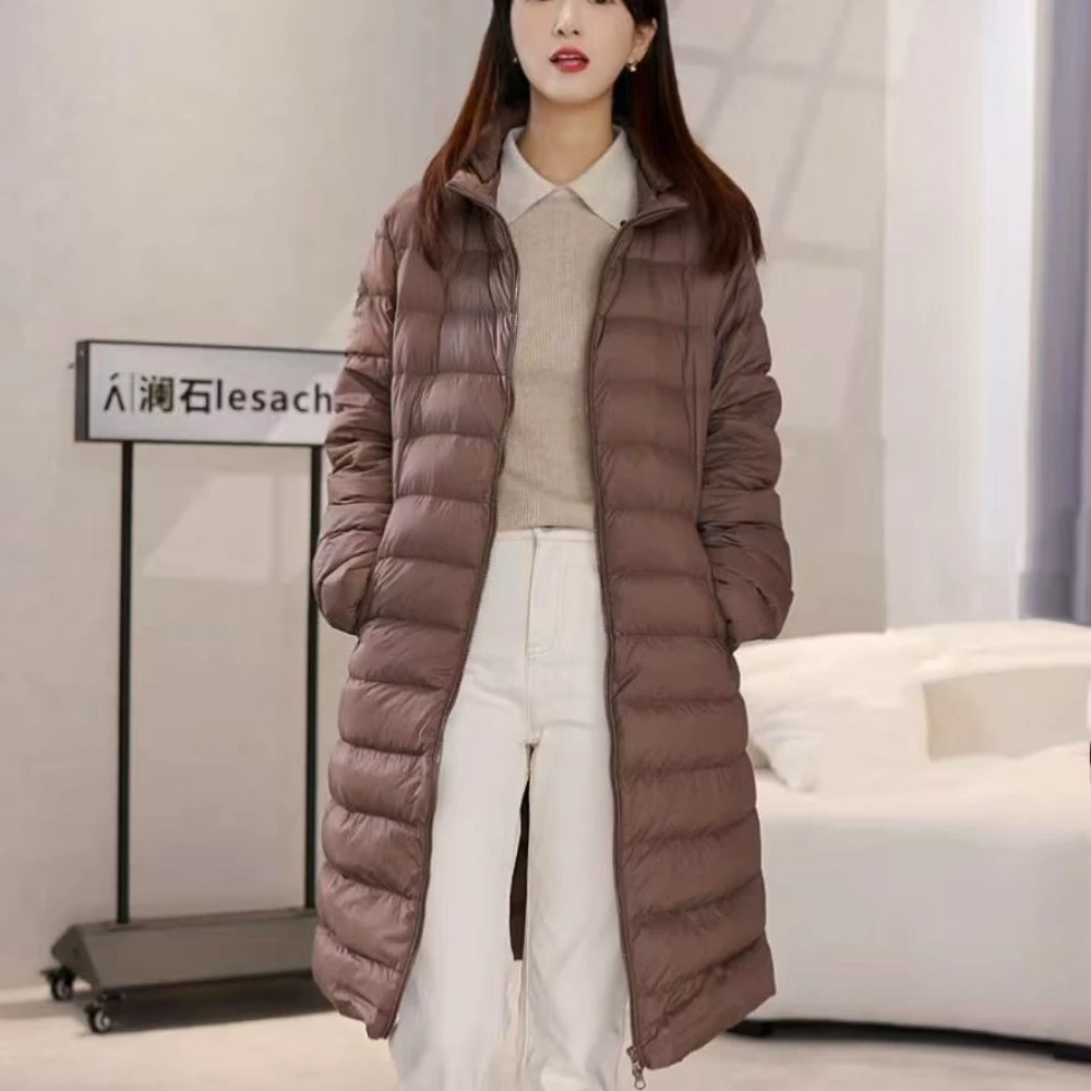 女士户外休闲轻薄显瘦保暖中长连帽羽绒服外套（可脱卸帽）