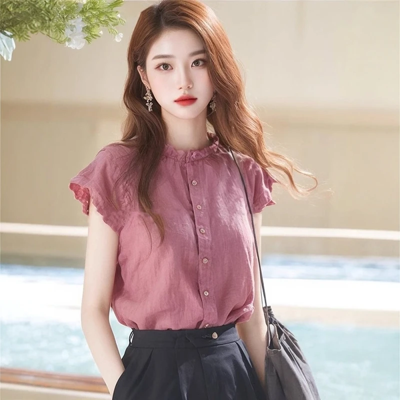 法式独特别致漂亮亚麻衬衫女设计感小众春夏小飞袖木耳边气质上衣