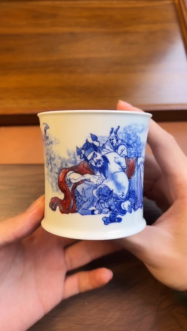 问青坊柴窑青花釉里红人物杯