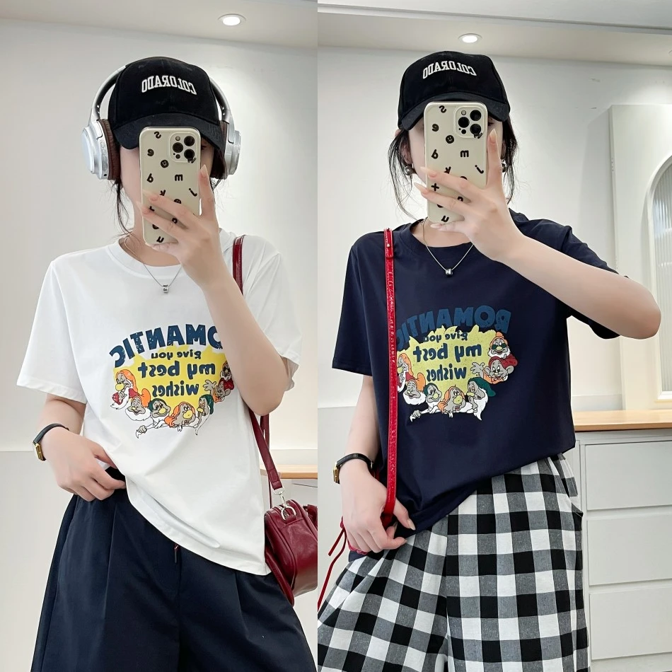 大码胖mm设计感百搭减龄卡通印花短袖T恤女夏季新款休闲遮肉上衣