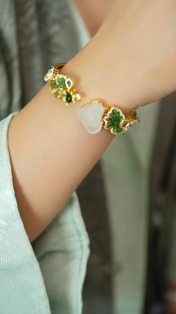 银S925镶嵌手镯和田玉开口手镯