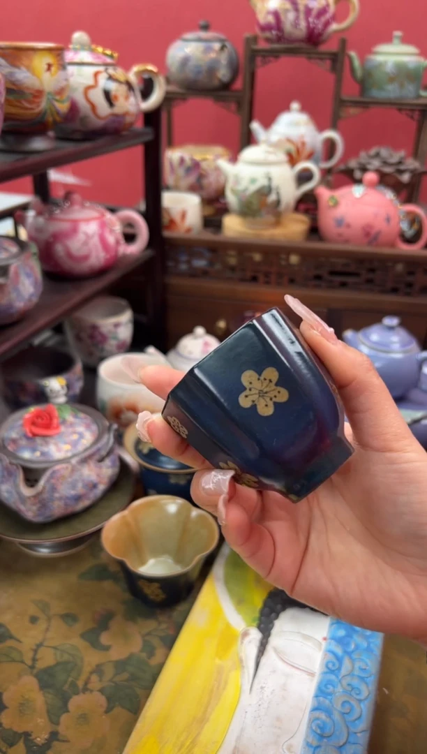 【闪购商品】仿古温暖蓝手绘梅花五方杯