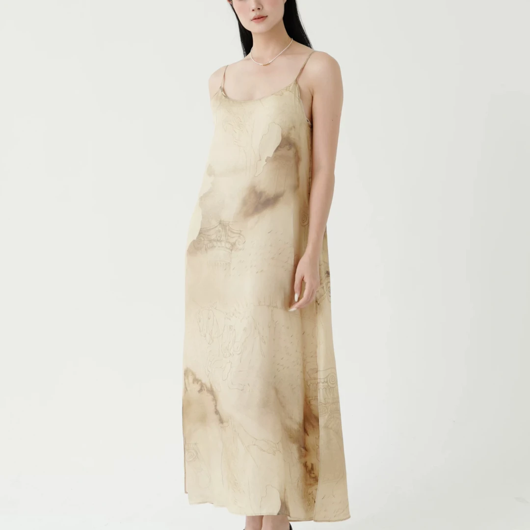 以类设计品牌 Midnattssol信纸印花荡褶优雅度假浪漫长裙44295