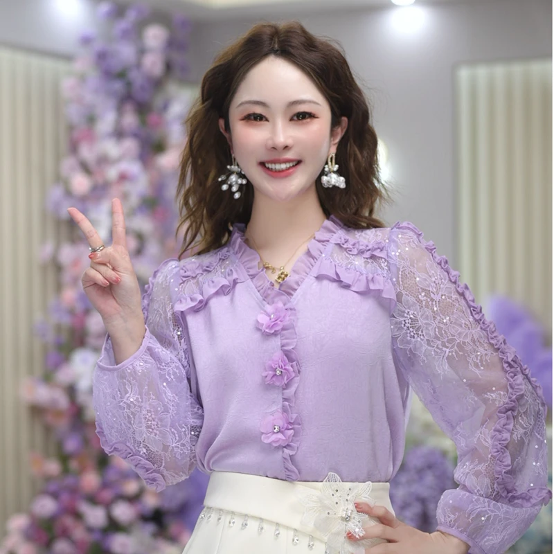 米娅 春季新款洋气百搭镂空蕾丝袖衬衫时尚减龄显瘦衬衣女 DY5680