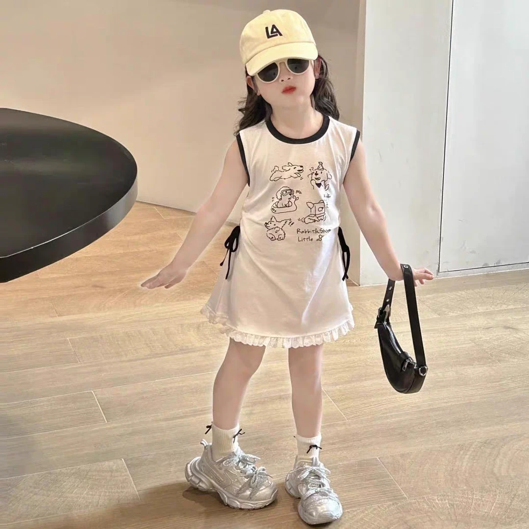 运动女童卡通女夏装少女风韩版连衣裙宝宝童装花边裙公主风