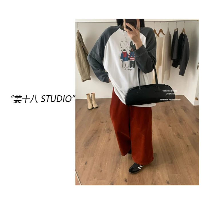 姜十八-「牵手卡通兔」韩国单！插肩拼色宽松打底t恤