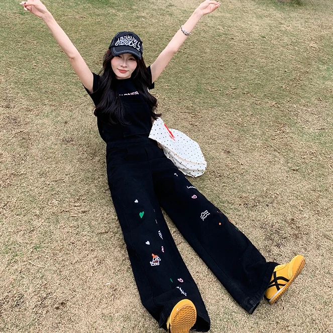 高腰黑色牛仔裤子女款爆款2025新款小个子显瘦宽松休闲阔腿裤秋