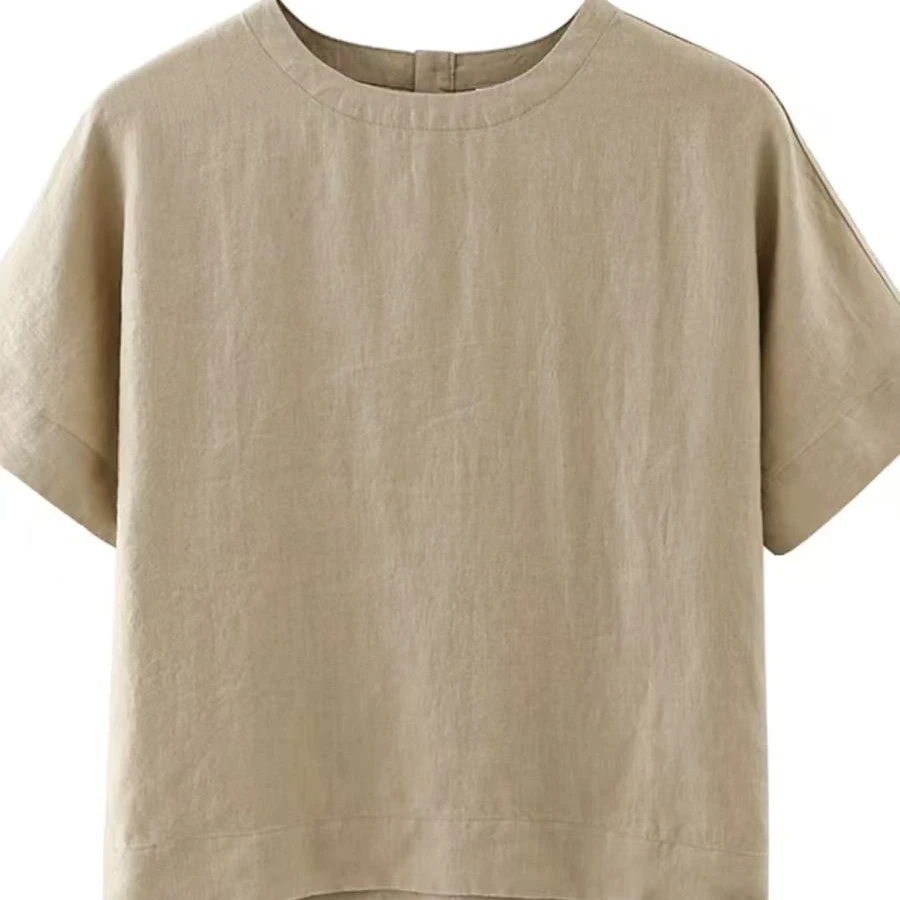 D 低调老钱的原麻圆领宽松休闲汉麻短袖衬衫上衣