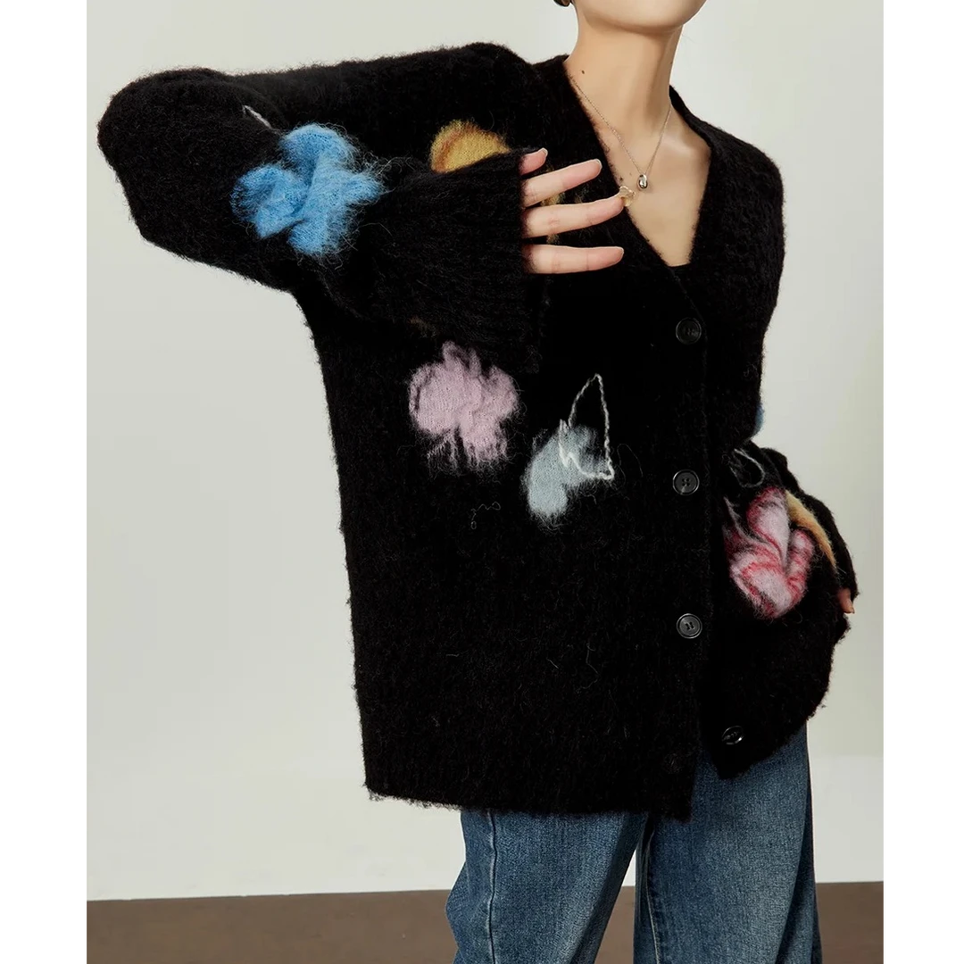 25秋冬新款蝴蝶提花毛衣慵懒风松弛感复古显瘦软糯针织开衫外套