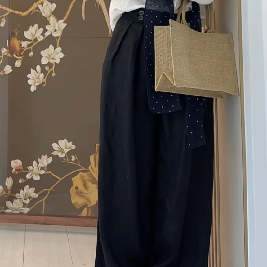 双扣慵懒风亚麻直筒阔腿裤随性百搭显瘦气质老钱风长裤女