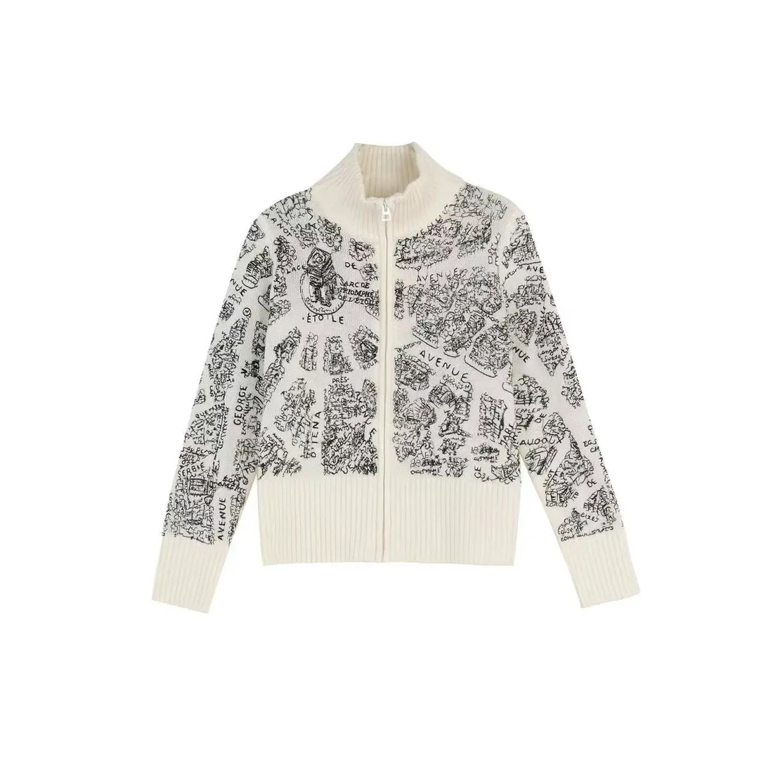 YOYOGALI 巴黎地图 高级感重工包芯纱高领拉链针织开衫JB3303