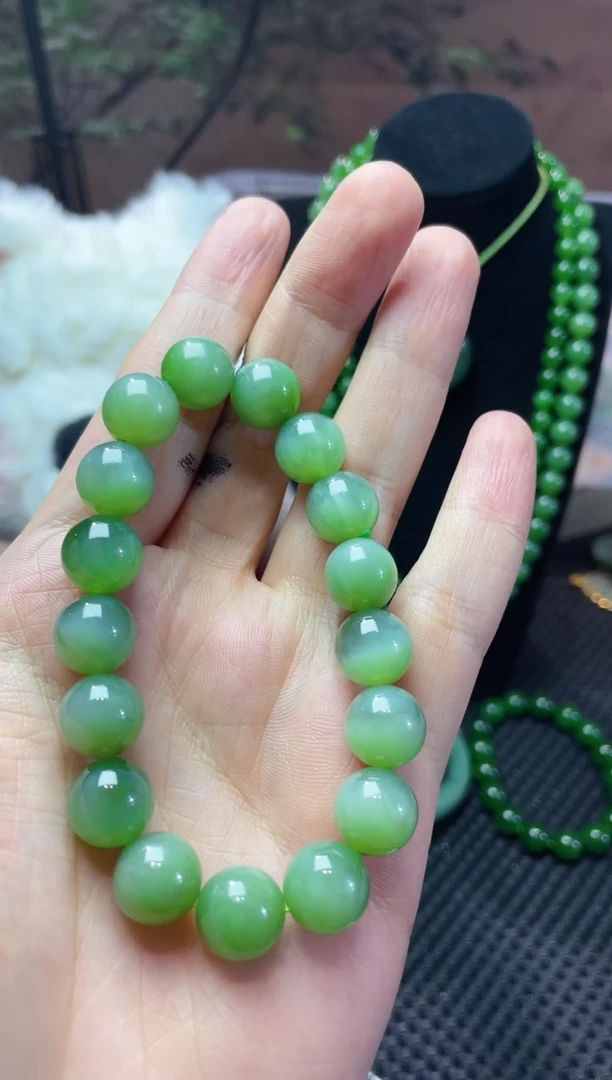 颈饰未镶嵌和田玉和田玉碧玉粉青猫眼手串12mm