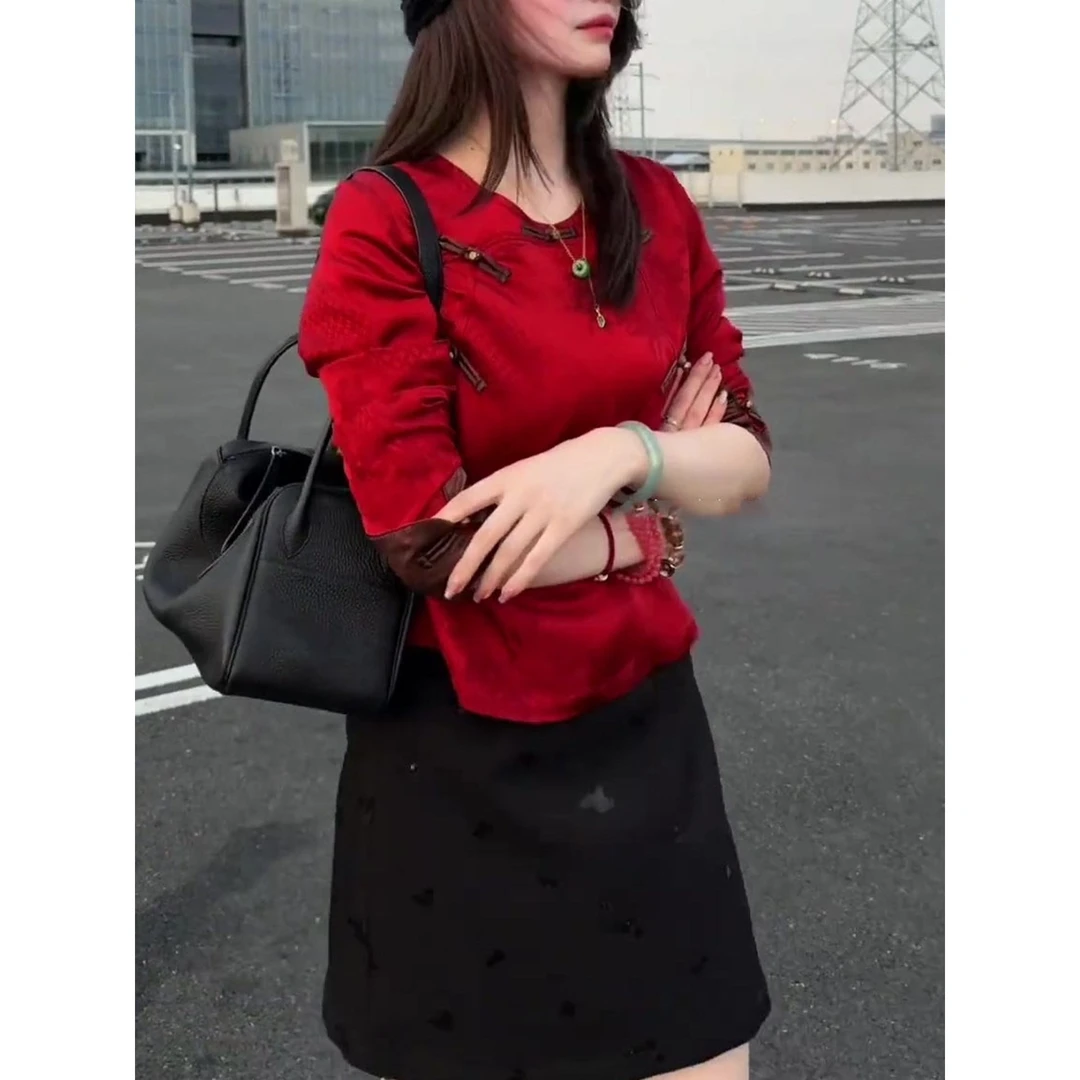 红色圆领长袖复古衬衣2025秋季女装新款斜襟门盘扣设计新中式上衣
