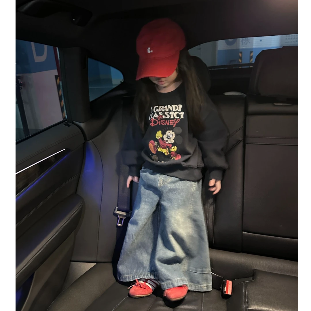 壹妈童装女童2025秋季韩版套装新款洋气小女孩黑色印花卫衣阔腿裤