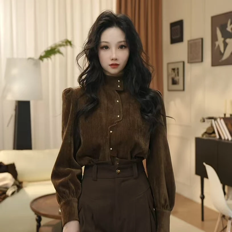 酒酒【香野】复古港风不规则门襟设计感小众衬衫Y4471