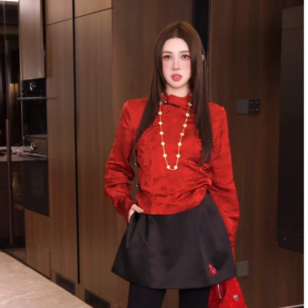 G. yantong/郭彦彤【雀上枝头】定制暗纹提花新中式长袖衬衫DD1257