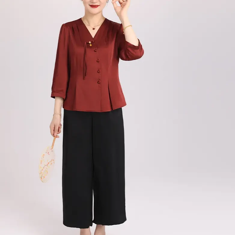 2025妈妈装春装中式国风上衣中老年斜襟盘扣开衫40-50岁
