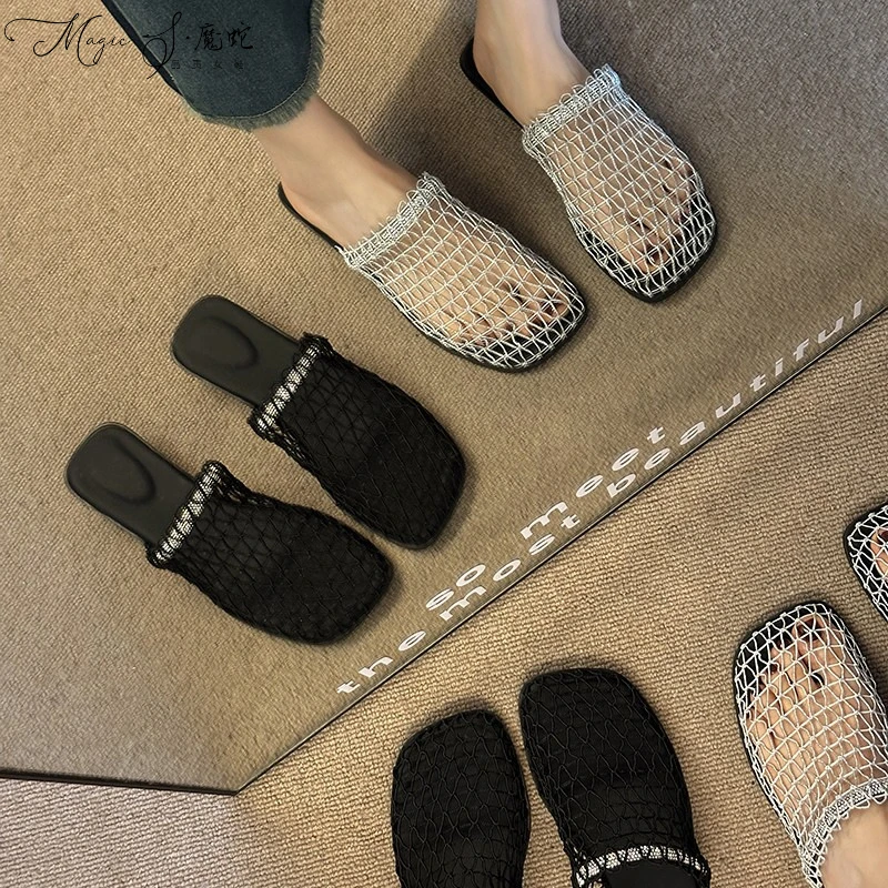 【万达撤柜】半拖春夏时尚法式低跟渔网鞋网面镂空凉鞋女夏季外穿