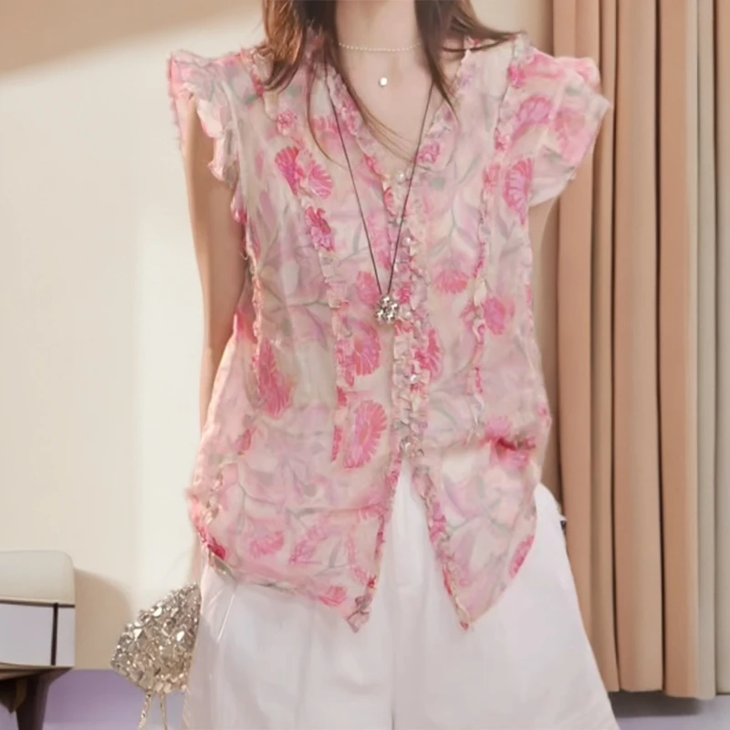 花仙子 夏季新款无袖气质百搭休闲粉色花色衬衫C5657