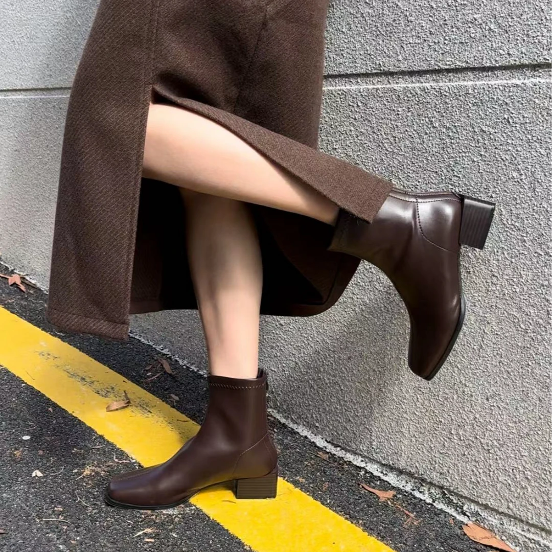 方头粗跟瘦瘦靴弹力高跟矮靴英伦风时尚百搭马丁靴G218