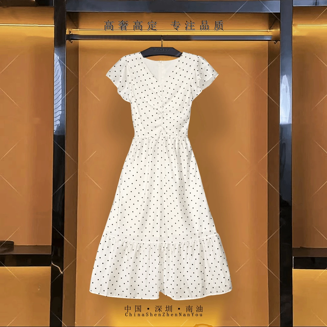 波点荷叶边袖子气质显瘦收腰休闲V领洋气连衣裙时尚连衣裙603