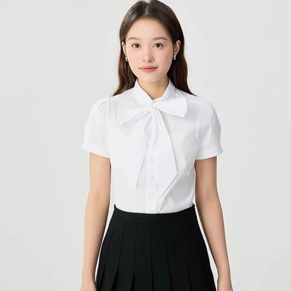 友阿商场玛施嫚2025夏季新款俏皮圆领花苞袖短袖衬衫附领带530024